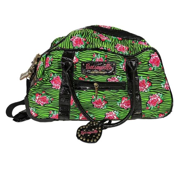 Betsey Johnson Green & Pink Floral Zebra Print‎ Carry On Roller Luggage Bag